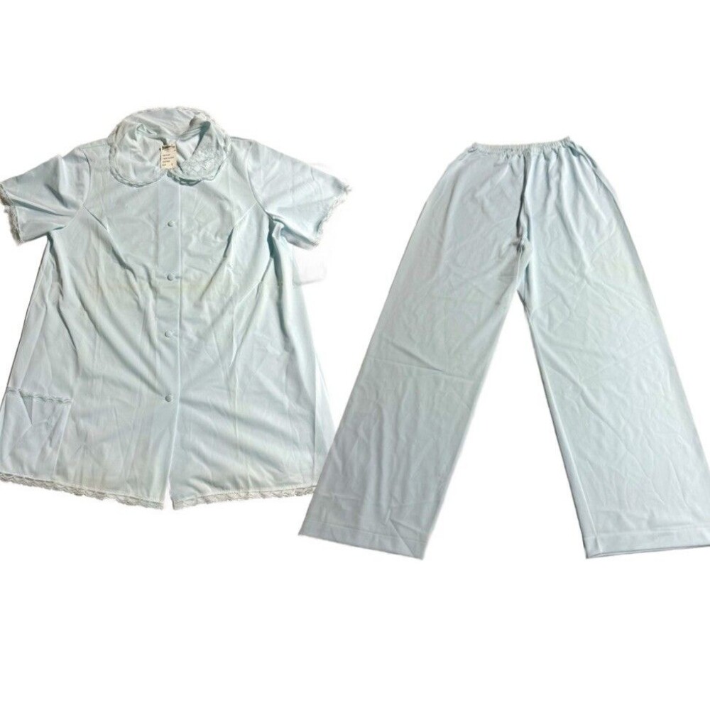 Vintage Shadowline Light Blue Nylon Pajama Set Women’s Size S Small Short Sleeve